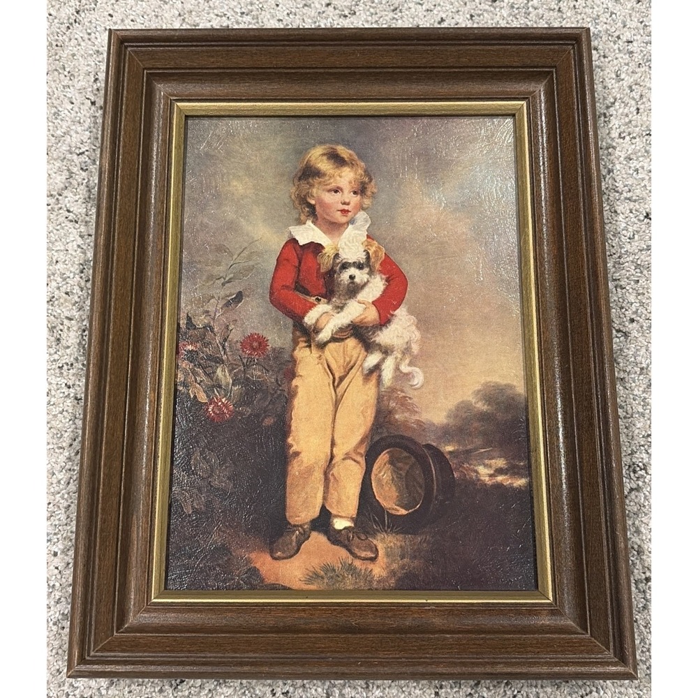 VTG VICTORIAN YOUNG BOY WITH PUPPY PICTURE HOME INTERIOR WALL DECOR